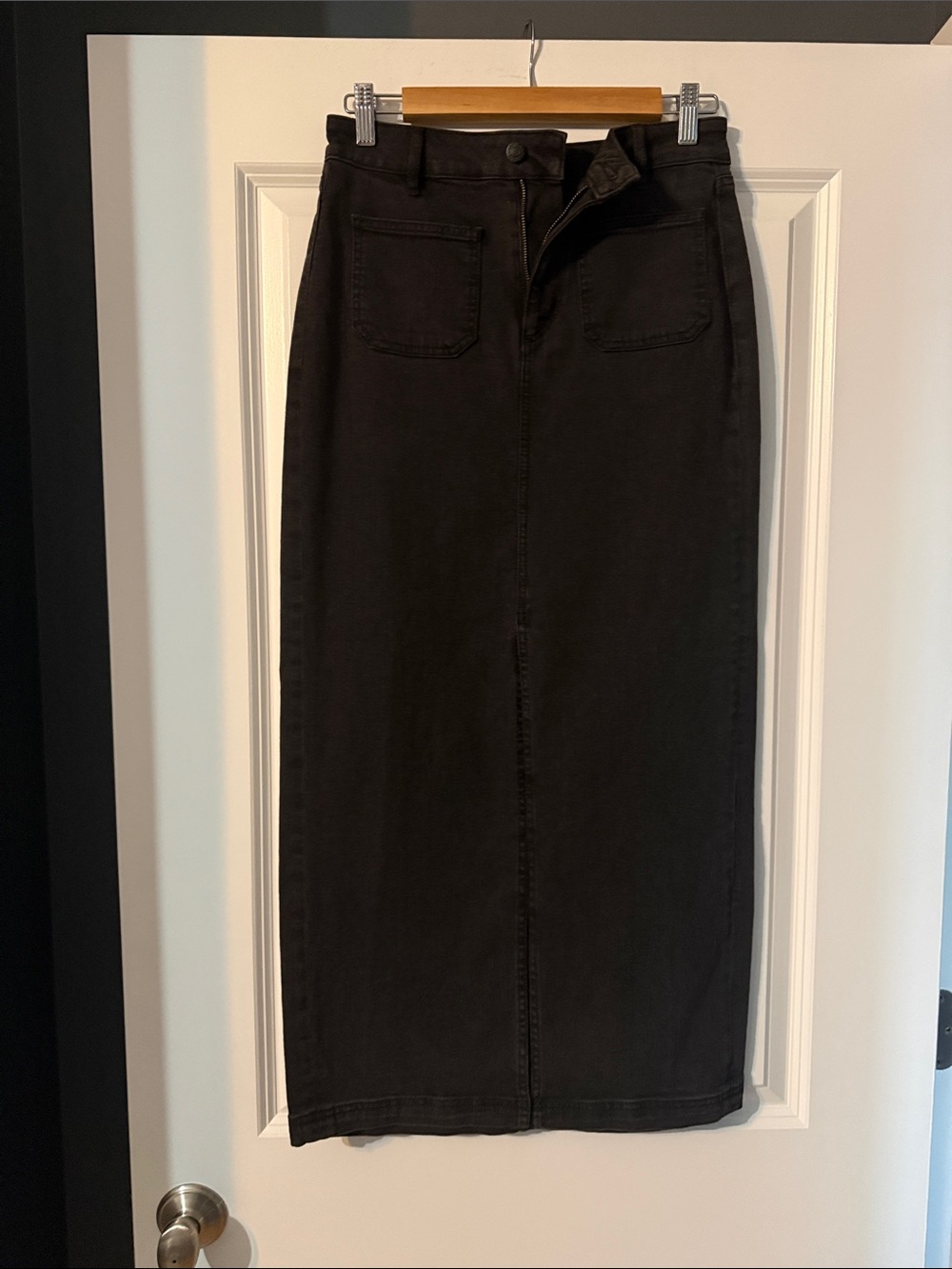 LOFT Black Maxi Denim Skirt with Front Patch Pockets
